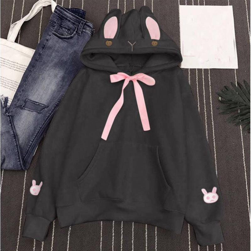 Women's Autumn And Winter Embroidered Cute Rabbit Ear Pocket Hoodie