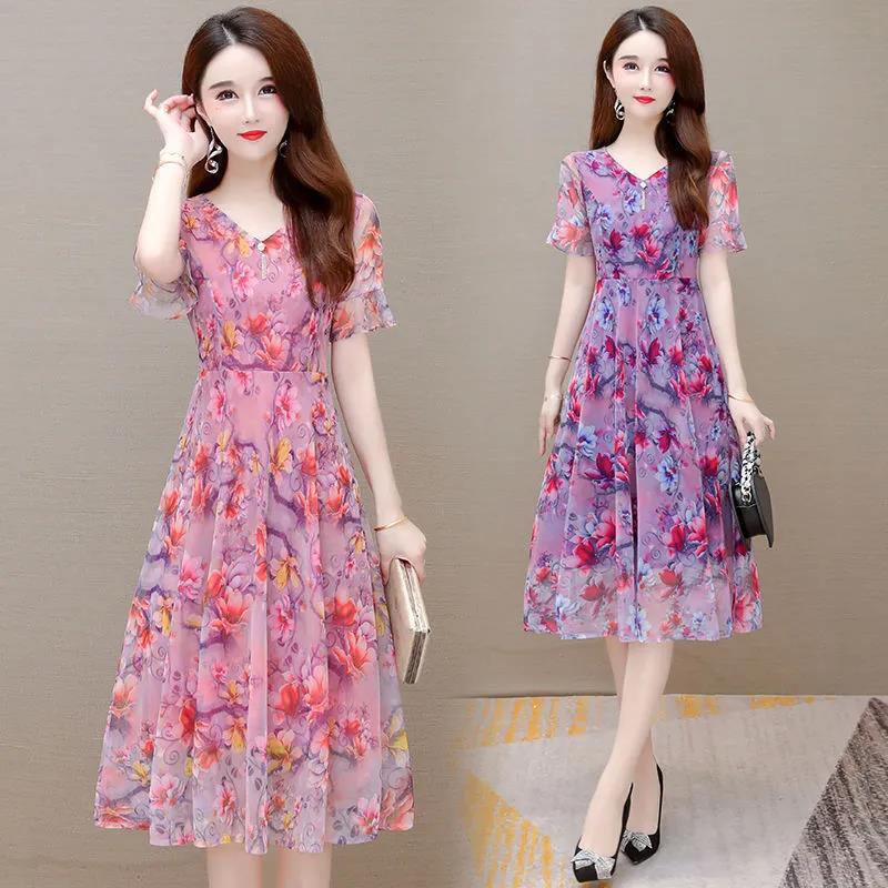 Dress Fashion Korean V-neck Short Sleeve Western Style Printed Midi Skirt