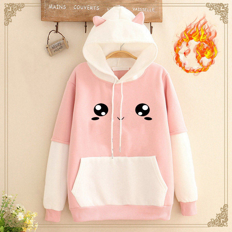 Add Velvet Thickening Match Color Loose Class Clothes Student Girl Hoodie