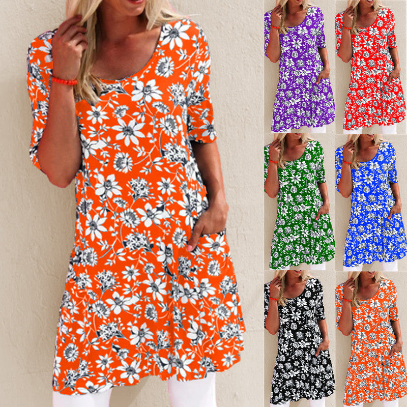 Summer Fashion Printed Loose Short Sleeve Pocket Dress Floral Dress