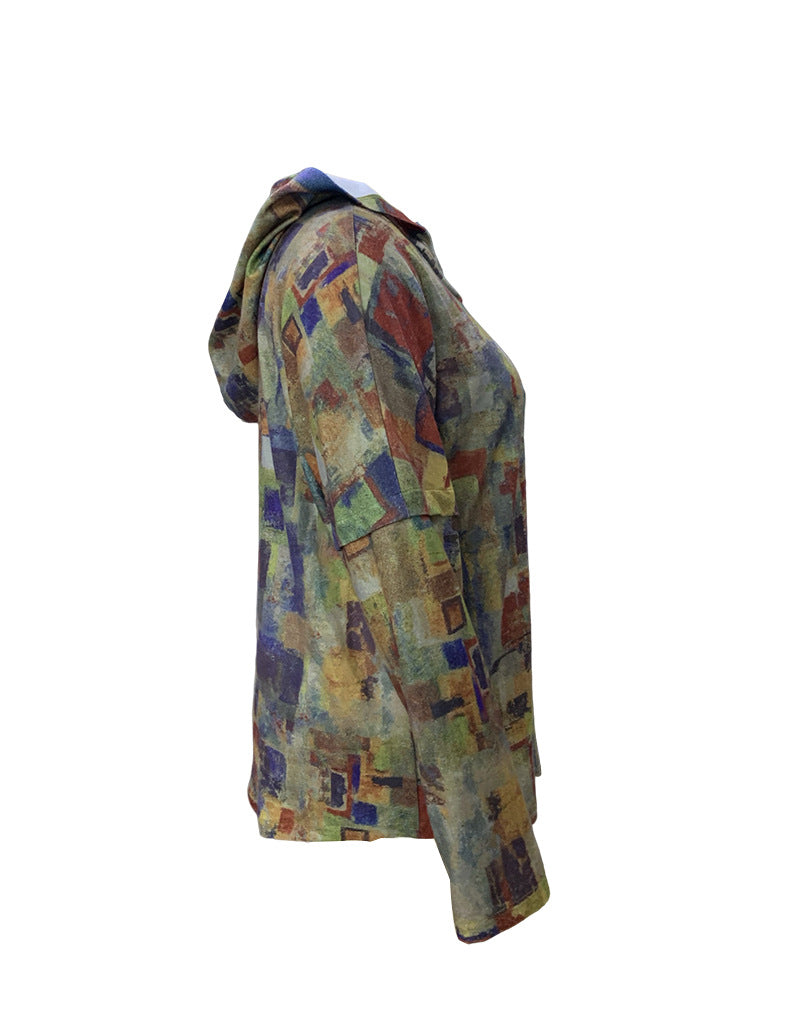 Women's Fashion Casual Printing Long-sleeved Lapel Hooded Sweater