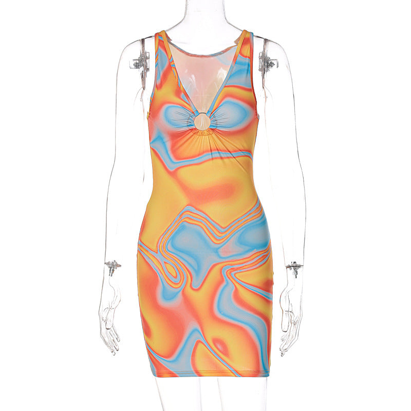 Explosive New Deep V Hollow Print Dress