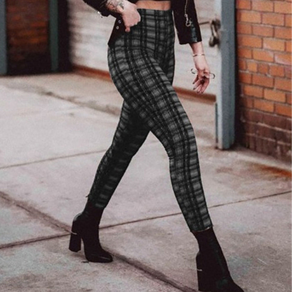 Plaid high waist leggings women casual pants