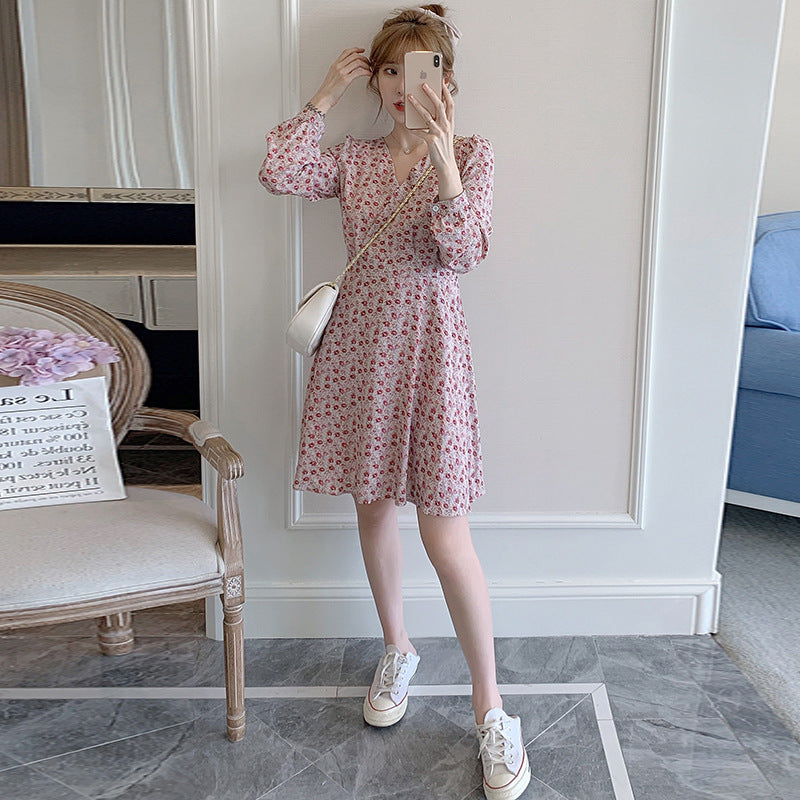 Slim slim long-sleeved floral jumpsuit skirt