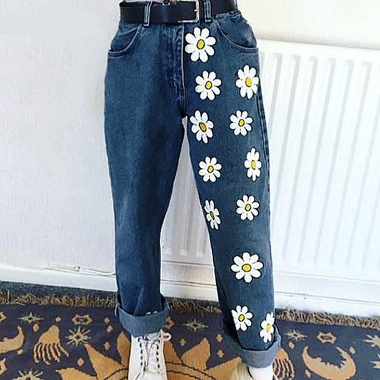 Printed slim denim pants