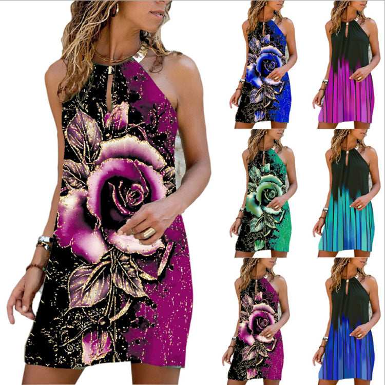 New Fashion Women's Halter Neck Rose Sleeveless Sleeveless Dress