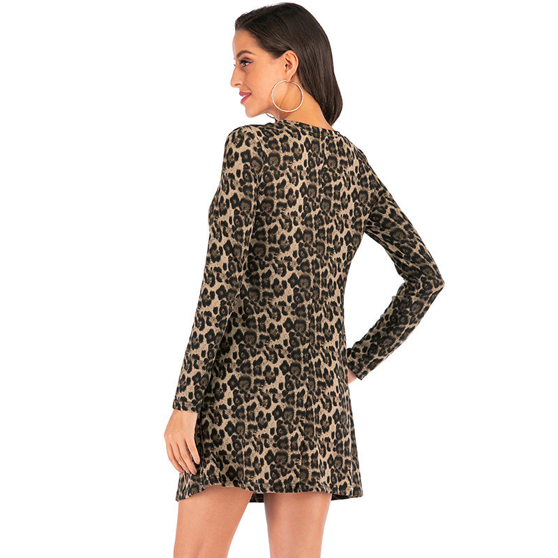 Leopard print long sleeve fluff round neck slim dress