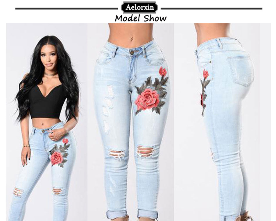 Amazon AliExpress Ali Fashion Hole Embroidered High-elastic Jeans Women's Trousers