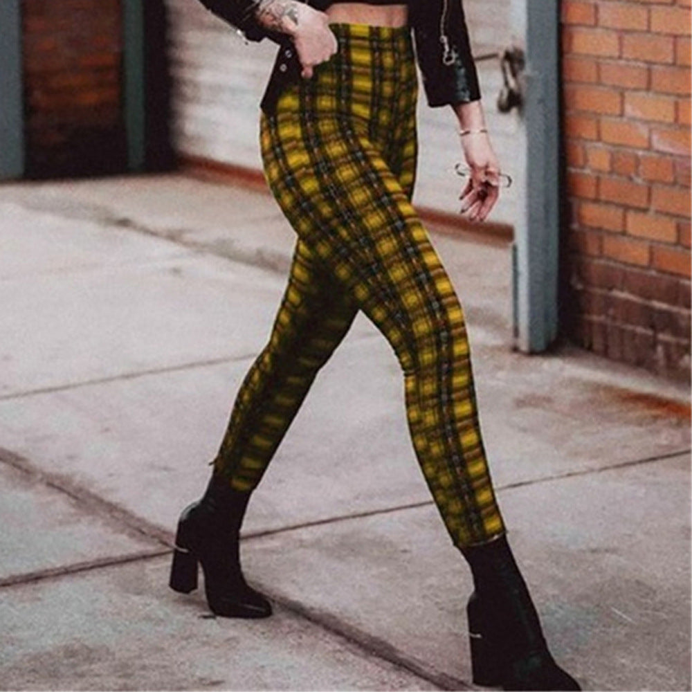 Plaid high waist leggings women casual pants