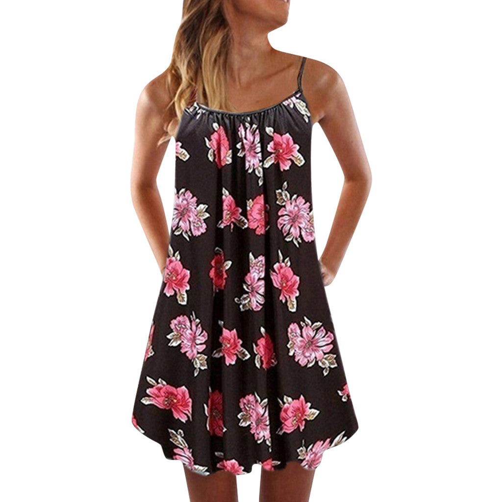 Printed pleated large swing loose strap dress