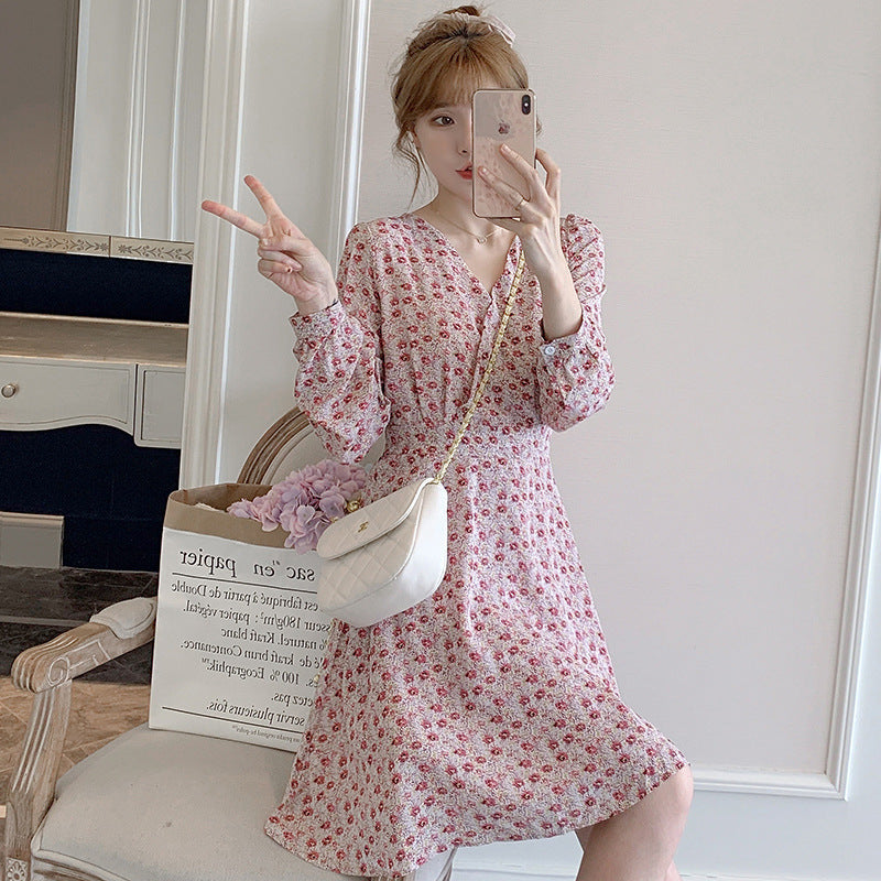 Slim slim long-sleeved floral jumpsuit skirt