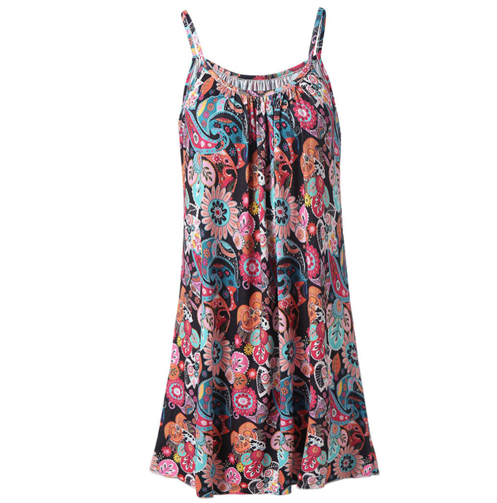 Printed pleated large swing loose strap dress