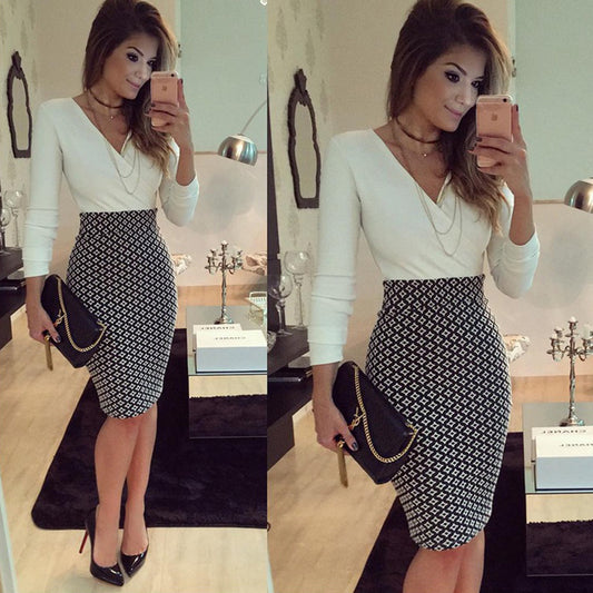 2021eaby AliExpress new long-sleeved fashion fashion stitching Slim bag hip pencil dress cross-border supply