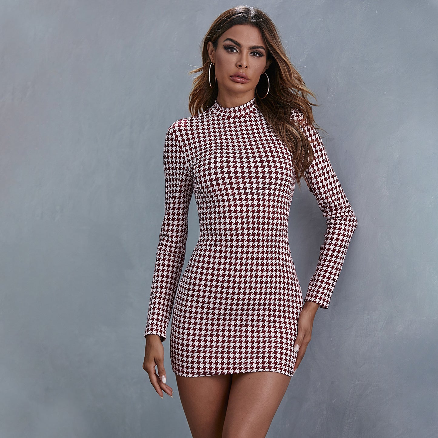 European and American Round Neck Plaid Temperament Long Sleeve Hip Dress