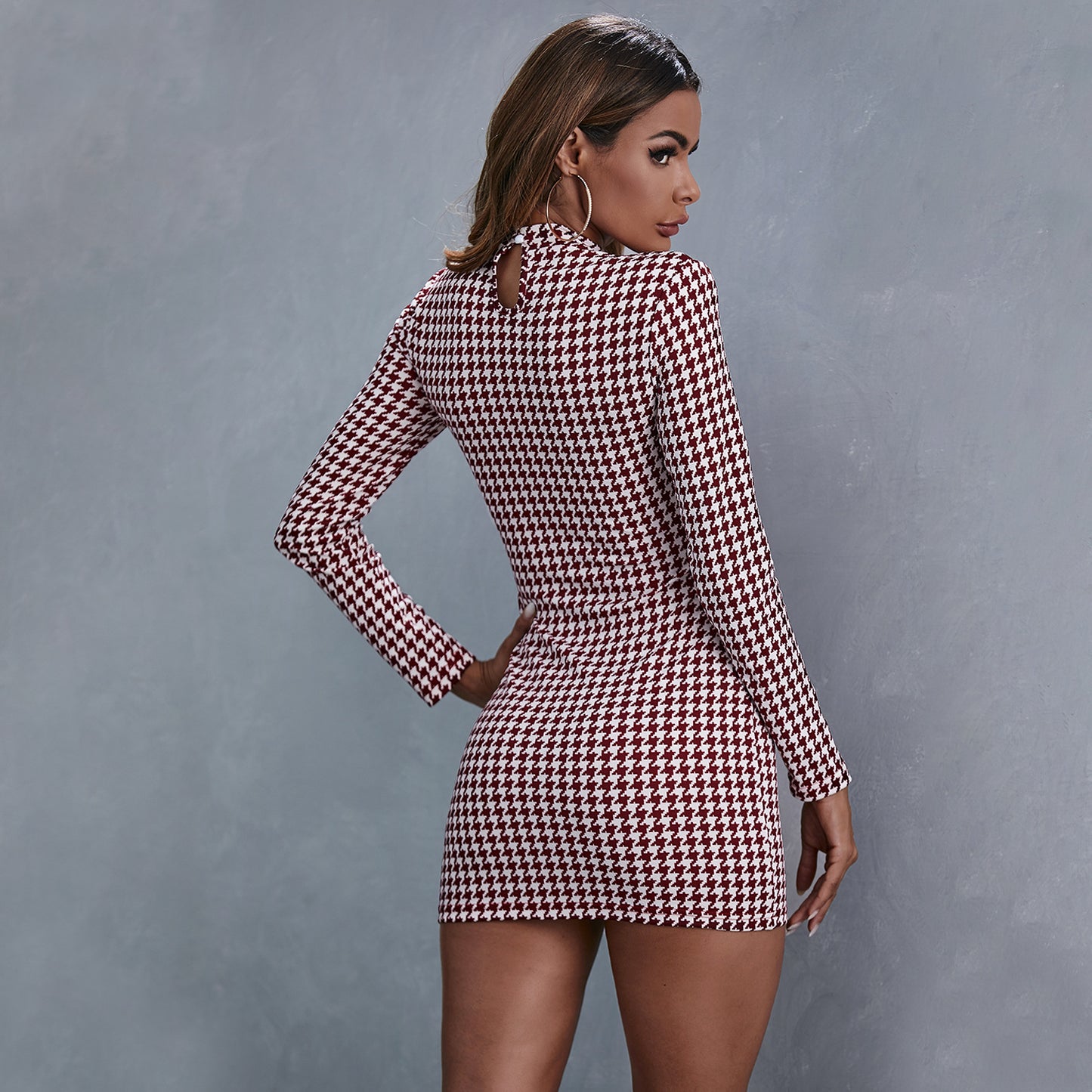 European and American Round Neck Plaid Temperament Long Sleeve Hip Dress