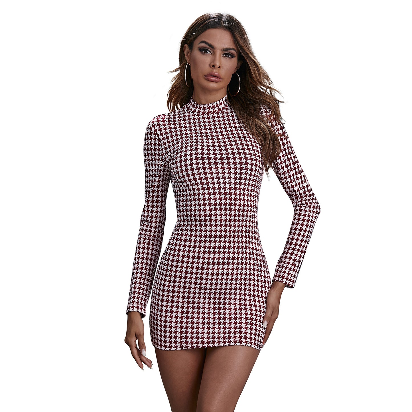 European and American Round Neck Plaid Temperament Long Sleeve Hip Dress