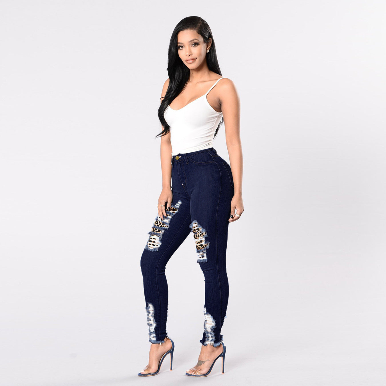 Leopard-Print Stitching Denim Slim-Fit Trousers