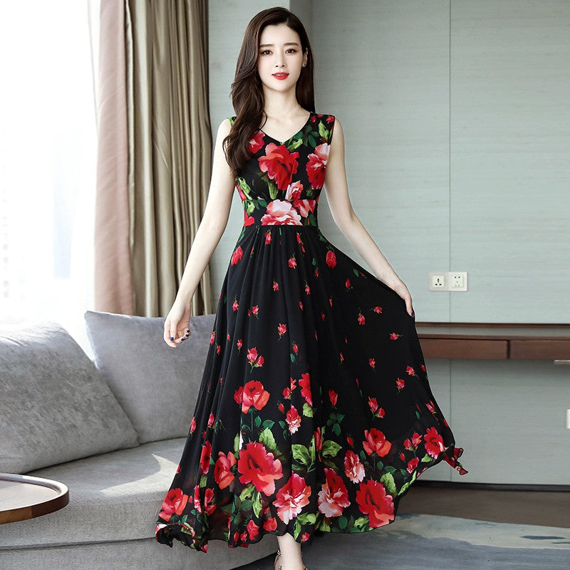 Summer Dress for Women Floral Printed Dress Fashion Waist Floral Sleeveless A-line V-neck Print Dress F