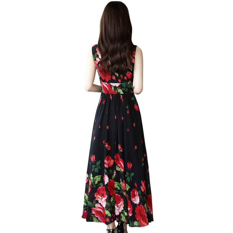 Summer Dress for Women Floral Printed Dress Fashion Waist Floral Sleeveless A-line V-neck Print Dress F