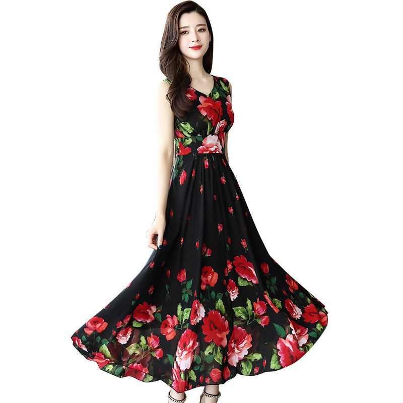 Summer Dress for Women Floral Printed Dress Fashion Waist Floral Sleeveless A-line V-neck Print Dress F