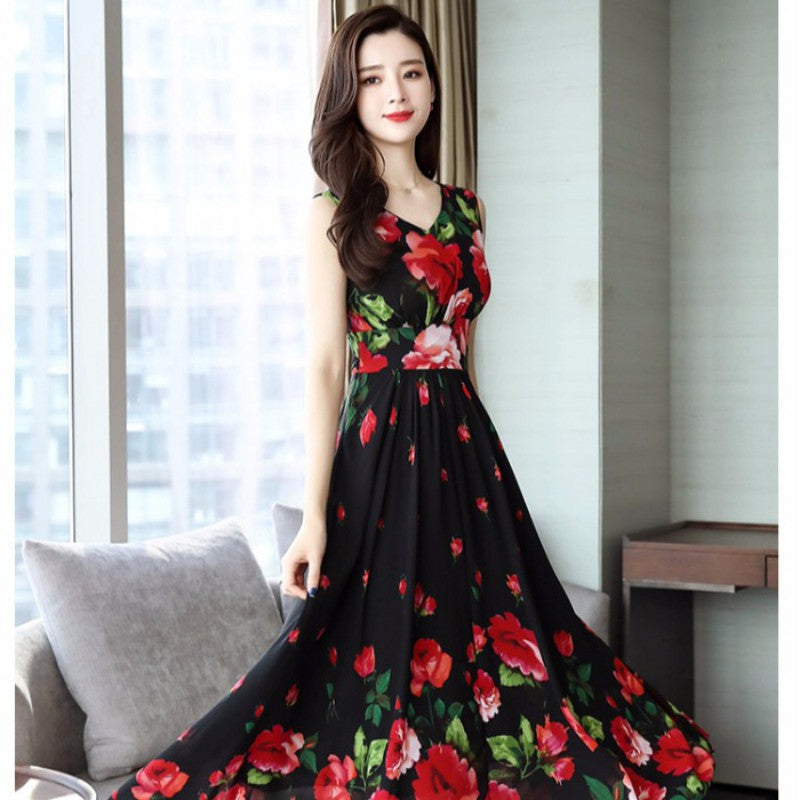 Summer Dress for Women Floral Printed Dress Fashion Waist Floral Sleeveless A-line V-neck Print Dress F