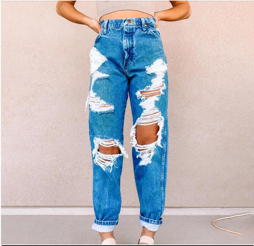 New Fashion Multi Hole Jeans High Waist Women's Pocket Trousers