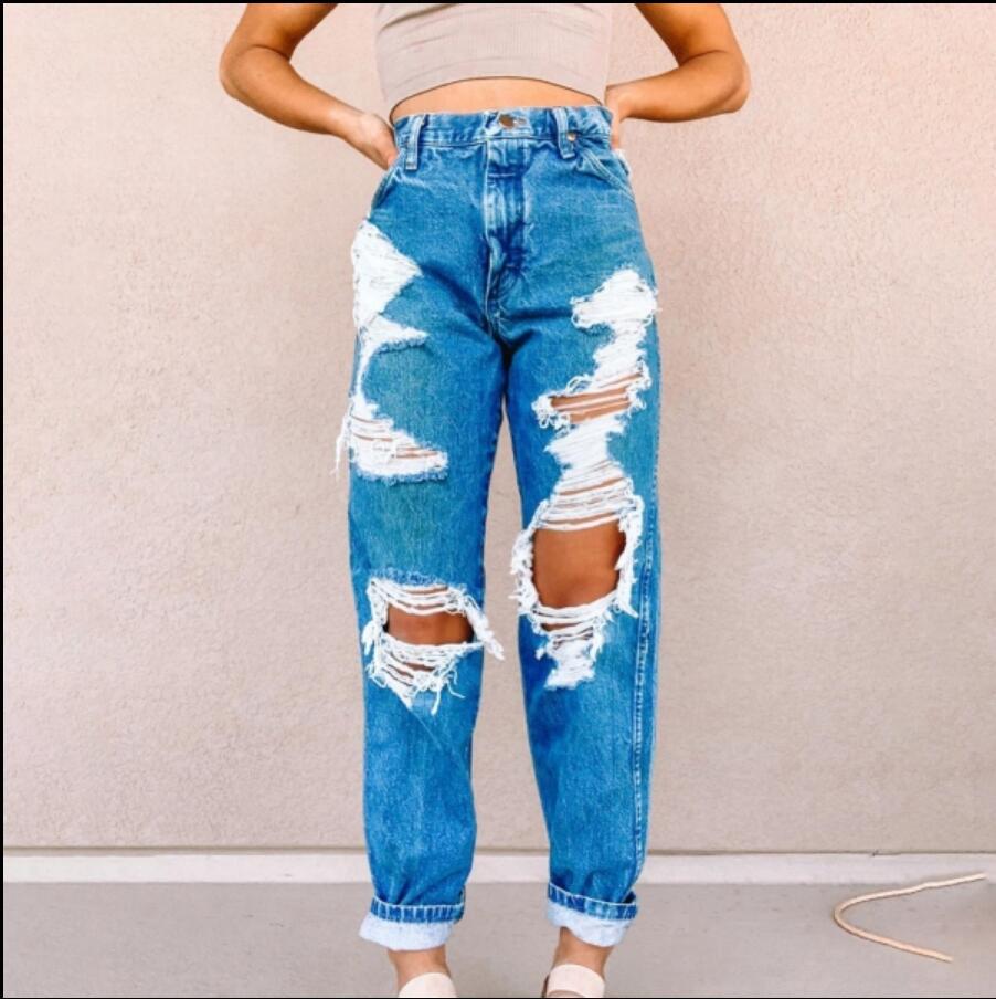 New Fashion Multi Hole Jeans High Waist Women's Pocket Trousers