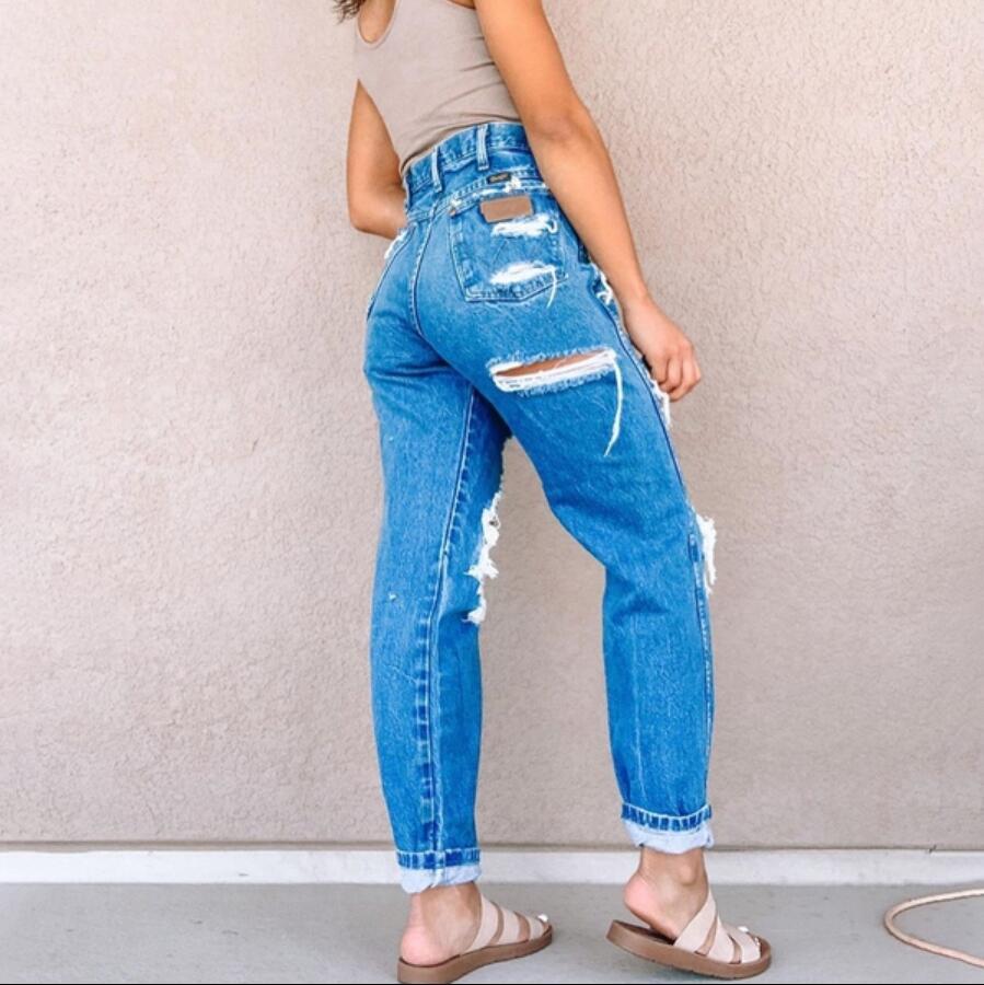 New Fashion Multi Hole Jeans High Waist Women's Pocket Trousers