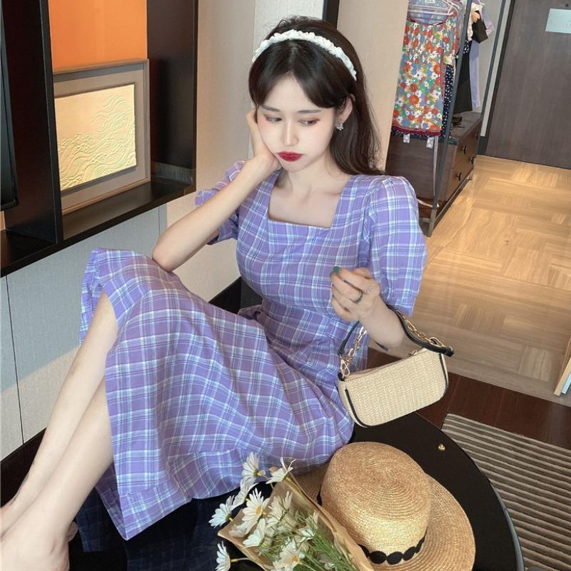 New French Retro Skirt Temperament Square Collar Mid-Length Skirt Waist Short-Sleeved Plaid Dress Women