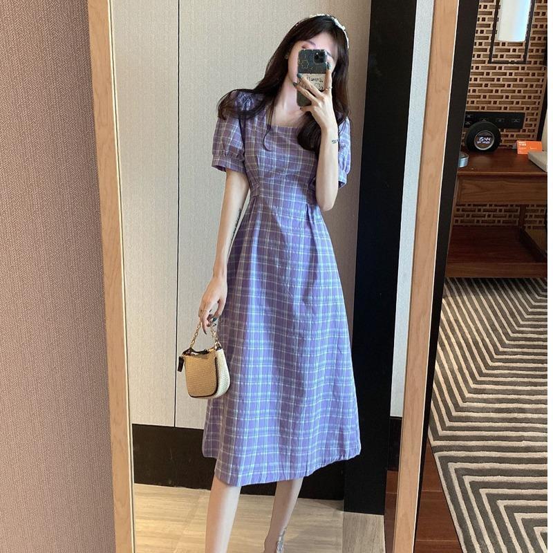 New French Retro Skirt Temperament Square Collar Mid-Length Skirt Waist Short-Sleeved Plaid Dress Women