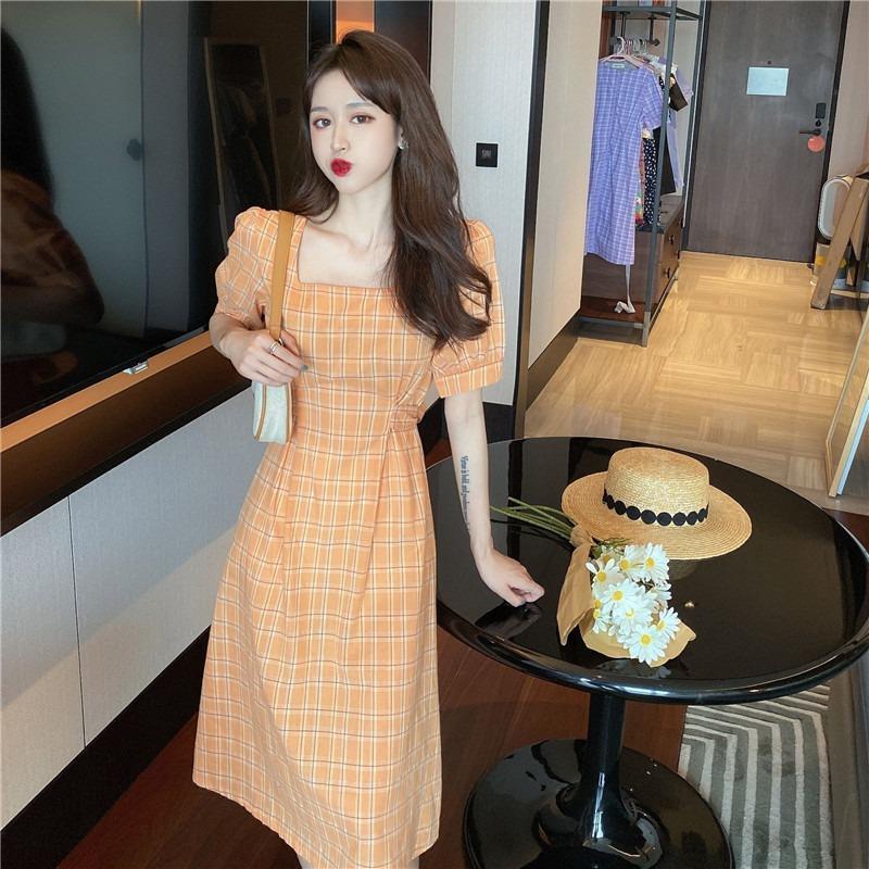 New French Retro Skirt Temperament Square Collar Mid-Length Skirt Waist Short-Sleeved Plaid Dress Women