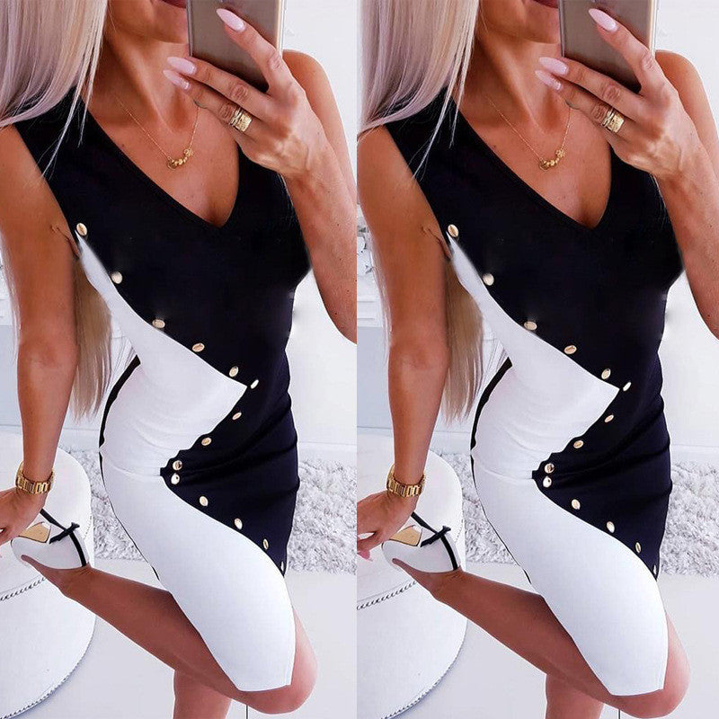 Slim Fit Sleeveless Contrasting V-Neck Skinny Dress