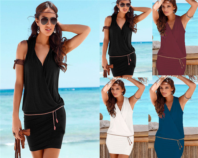 Dress With Deep V Neckline and Send Brown Belt for Leisure Beach