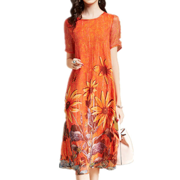 New Style Loose Silk Print Mid-Length Over-The-Knee Chiffon Beach Long Skirt