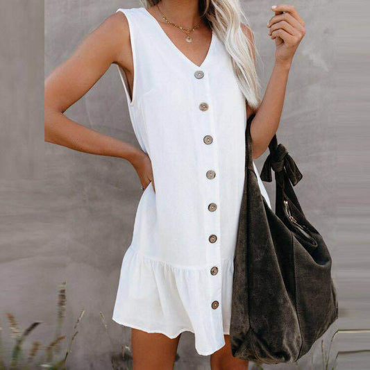 Enter European And American Women's Cardigan Dress Cotton And Linen Sleeveless V-Neck Access Control Single-Breasted