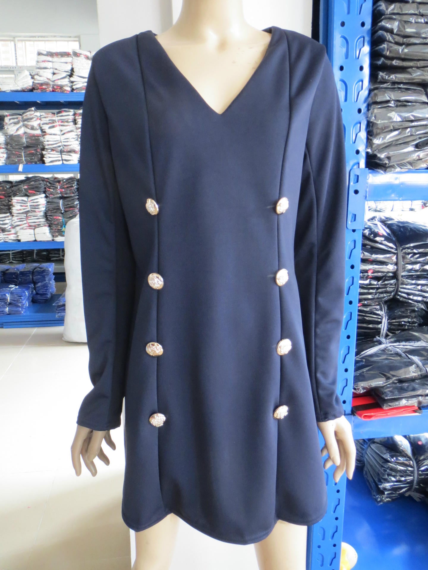 Dress European And American Foreign Trade Long Sleeve V Collar