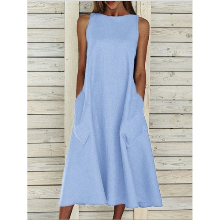 Round Neck Sleeveless Double Pocket Dress