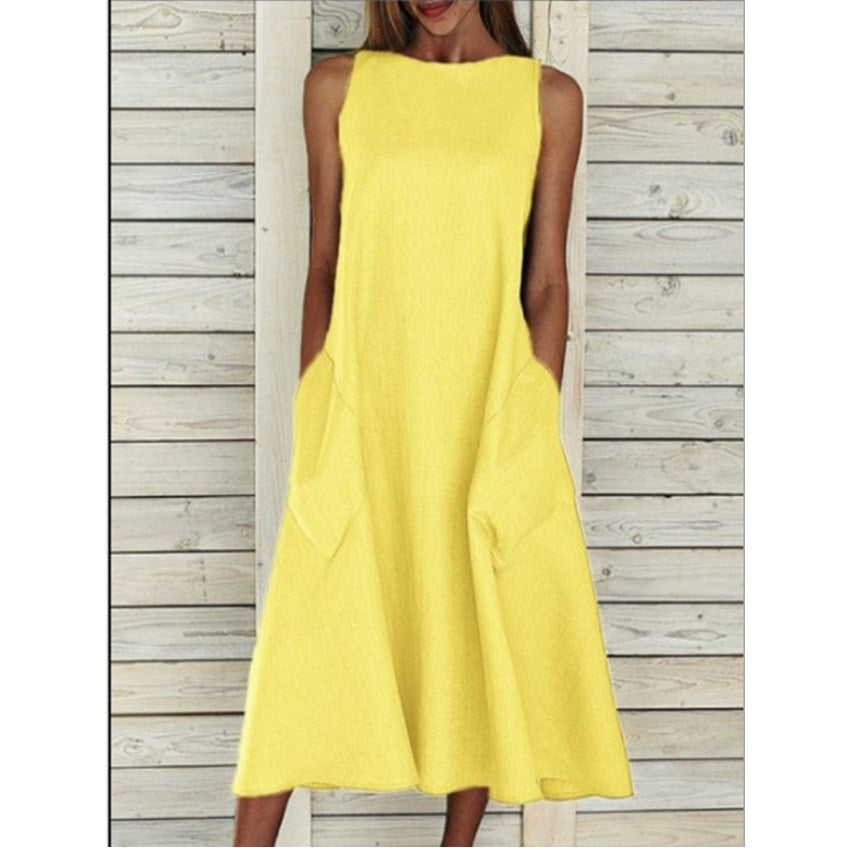 Round Neck Sleeveless Double Pocket Dress