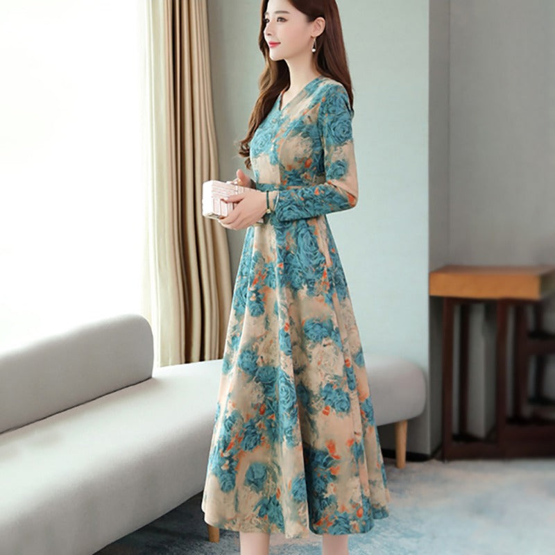 Long-sleeved V-neck Dress Female Autumn Print Printed Waist Temperament Was Thinner And Long-length Large Swing Skirt