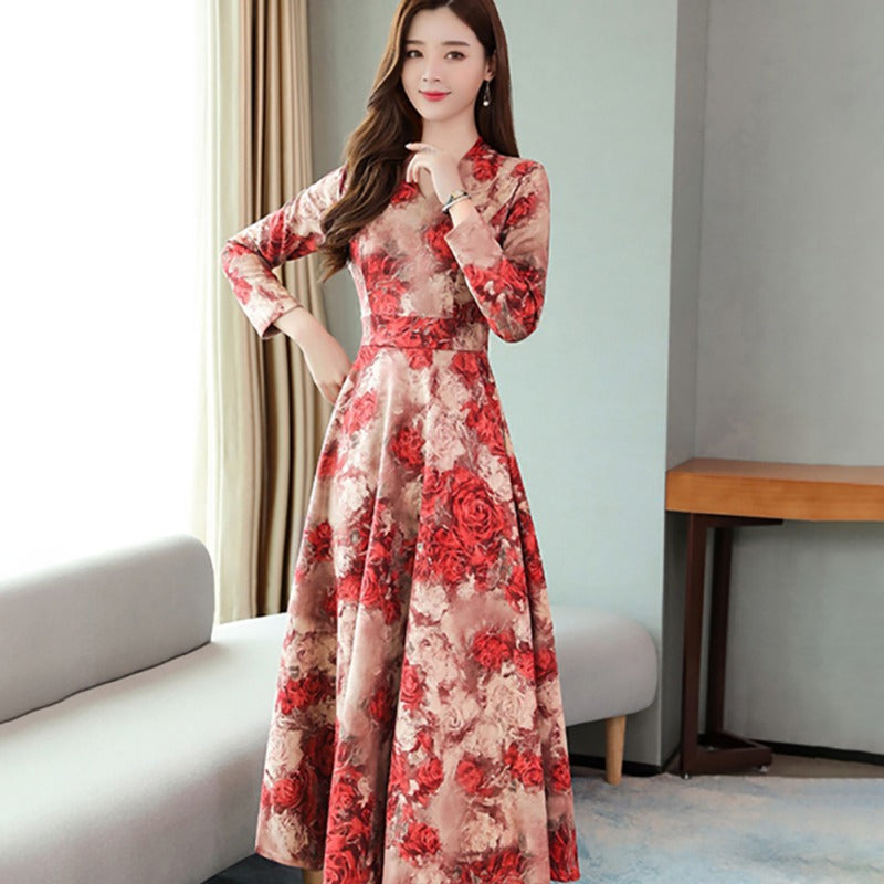 Long-sleeved V-neck Dress Female Autumn Print Printed Waist Temperament Was Thinner And Long-length Large Swing Skirt