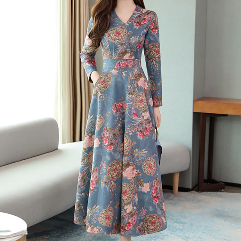 Long-sleeved V-neck Dress Female Autumn Print Printed Waist Temperament Was Thinner And Long-length Large Swing Skirt