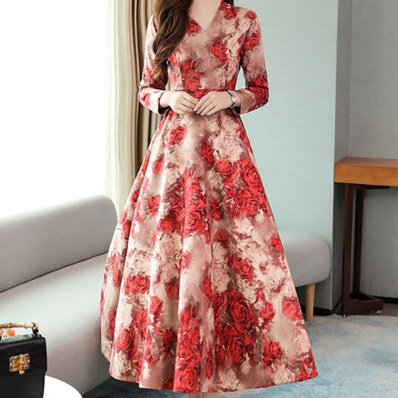 Long-sleeved V-neck Dress Female Autumn Print Printed Waist Temperament Was Thinner And Long-length Large Swing Skirt