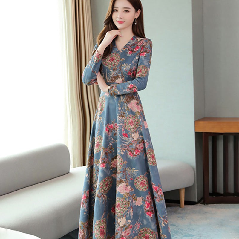 Long-sleeved V-neck Dress Female Autumn Print Printed Waist Temperament Was Thinner And Long-length Large Swing Skirt