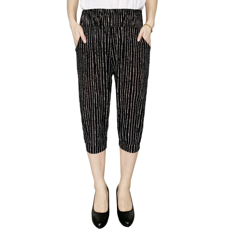 Cage pants printed large size thin ice silk elastic waist mother pants