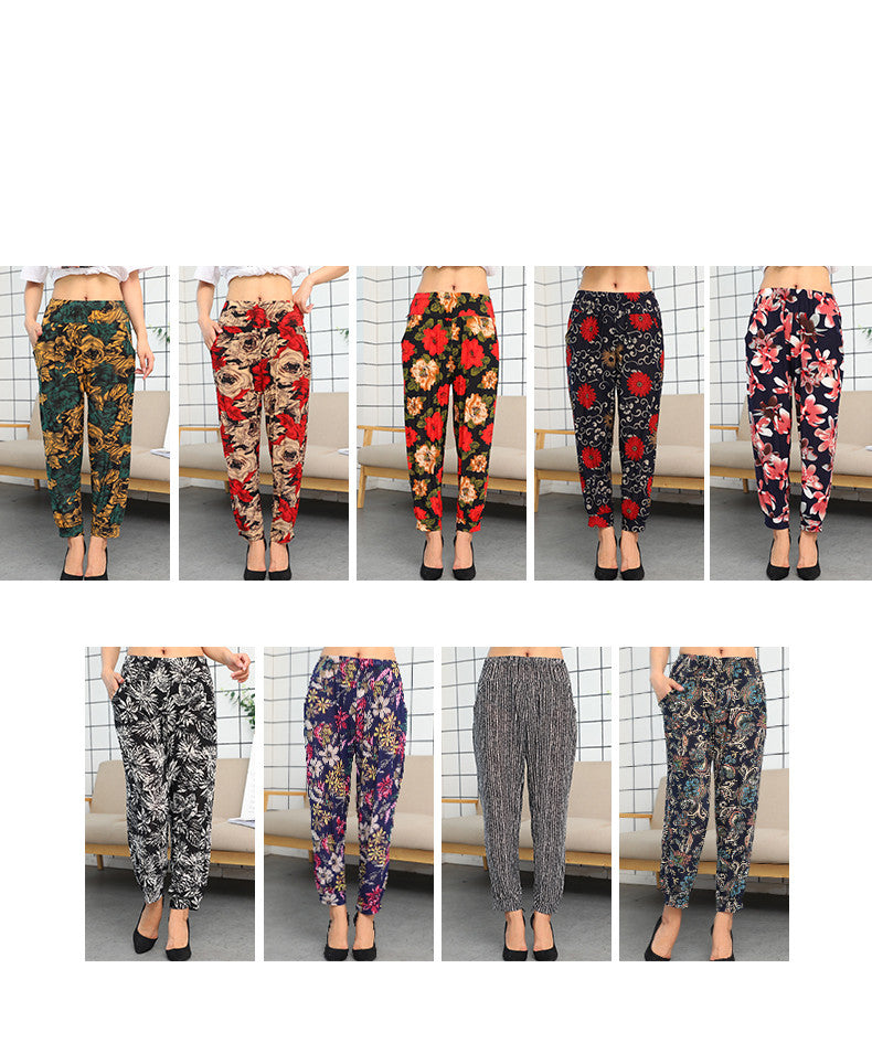 Cage pants printed large size thin ice silk elastic waist mother pants