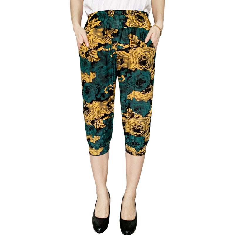 Cage pants printed large size thin ice silk elastic waist mother pants