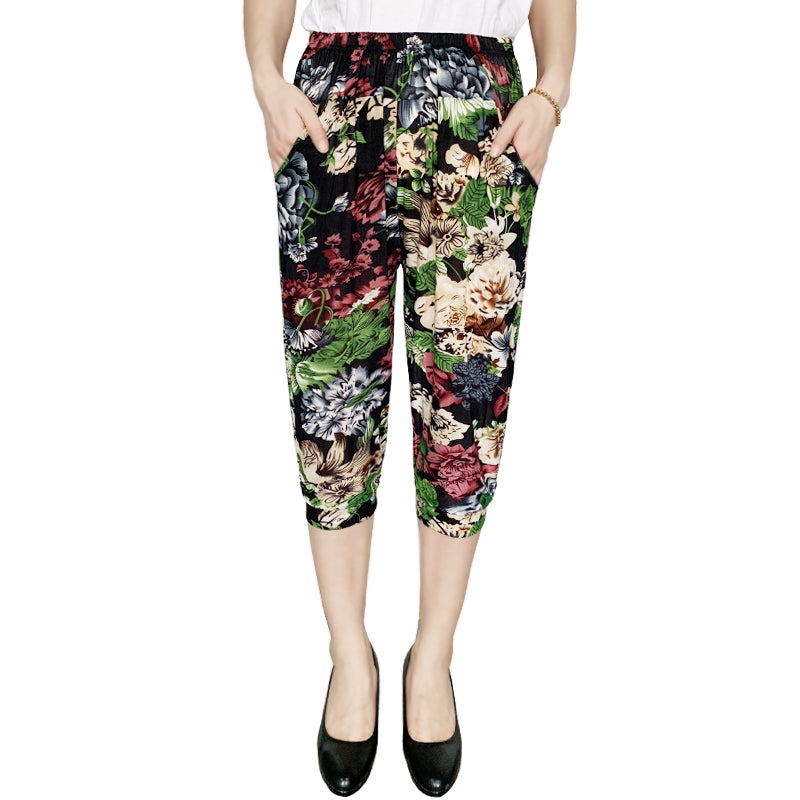 Cage pants printed large size thin ice silk elastic waist mother pants