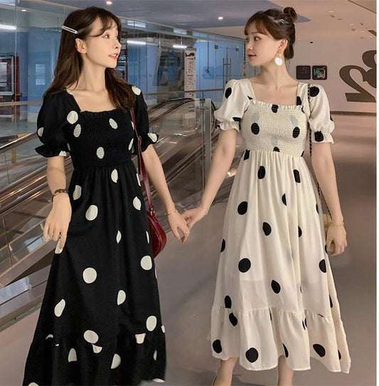 Polka Dot Dress Women"s Neck Bubble Sleeve Waist Slim A-line Skirt Mid Long Short Sleeve Dress Summer