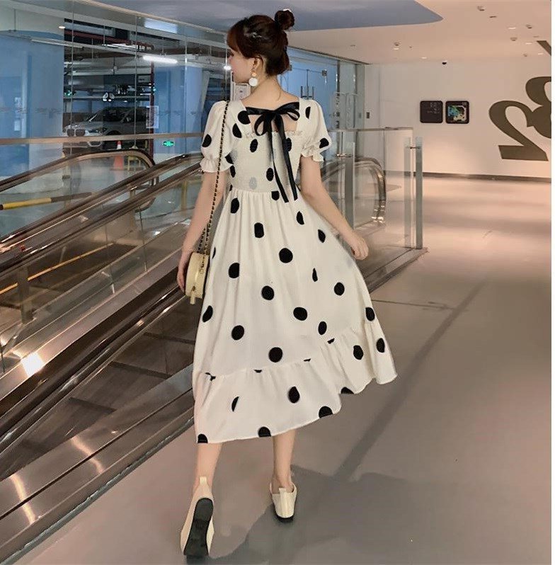 Polka Dot Dress Women"s Neck Bubble Sleeve Waist Slim A-line Skirt Mid Long Short Sleeve Dress Summer