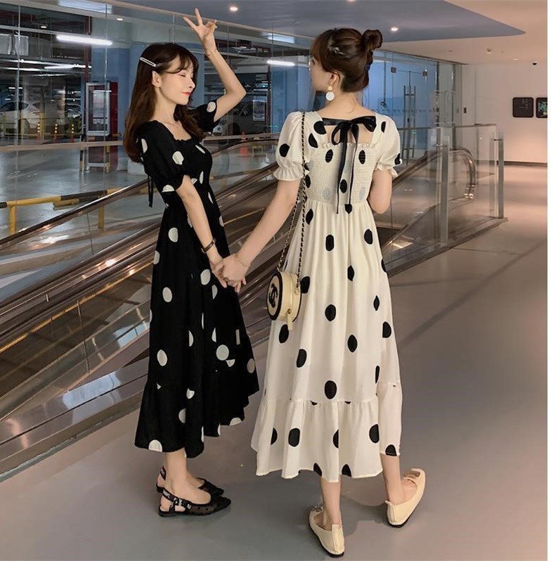 Polka Dot Dress Women"s Neck Bubble Sleeve Waist Slim A-line Skirt Mid Long Short Sleeve Dress Summer